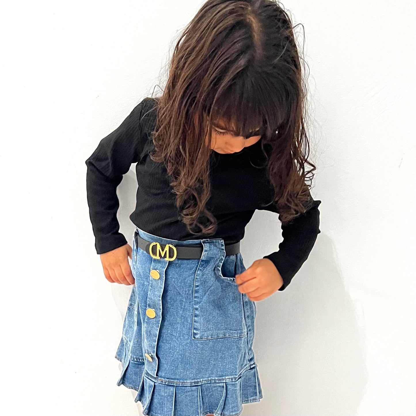 Longsleeve Black Top, Denim Skort & Belt