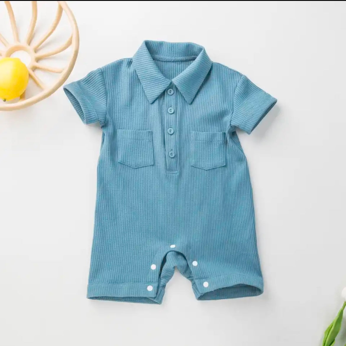 Blue Waffle Polo Romper