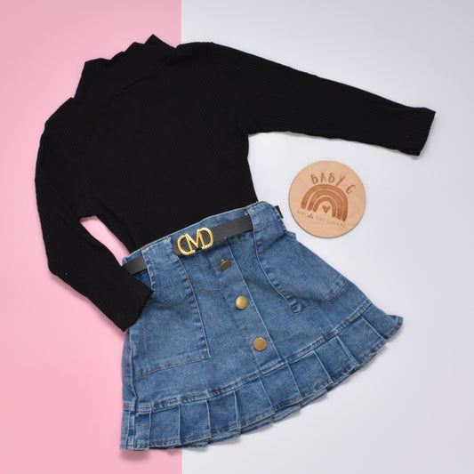 Longsleeve Black Top, Denim Skort & Belt