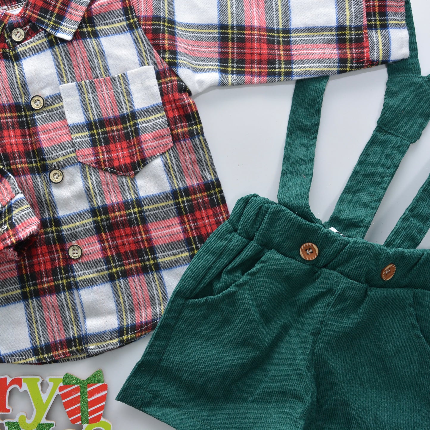 Plaid Longsleeve Button Shirt & Corduroy Suspenders