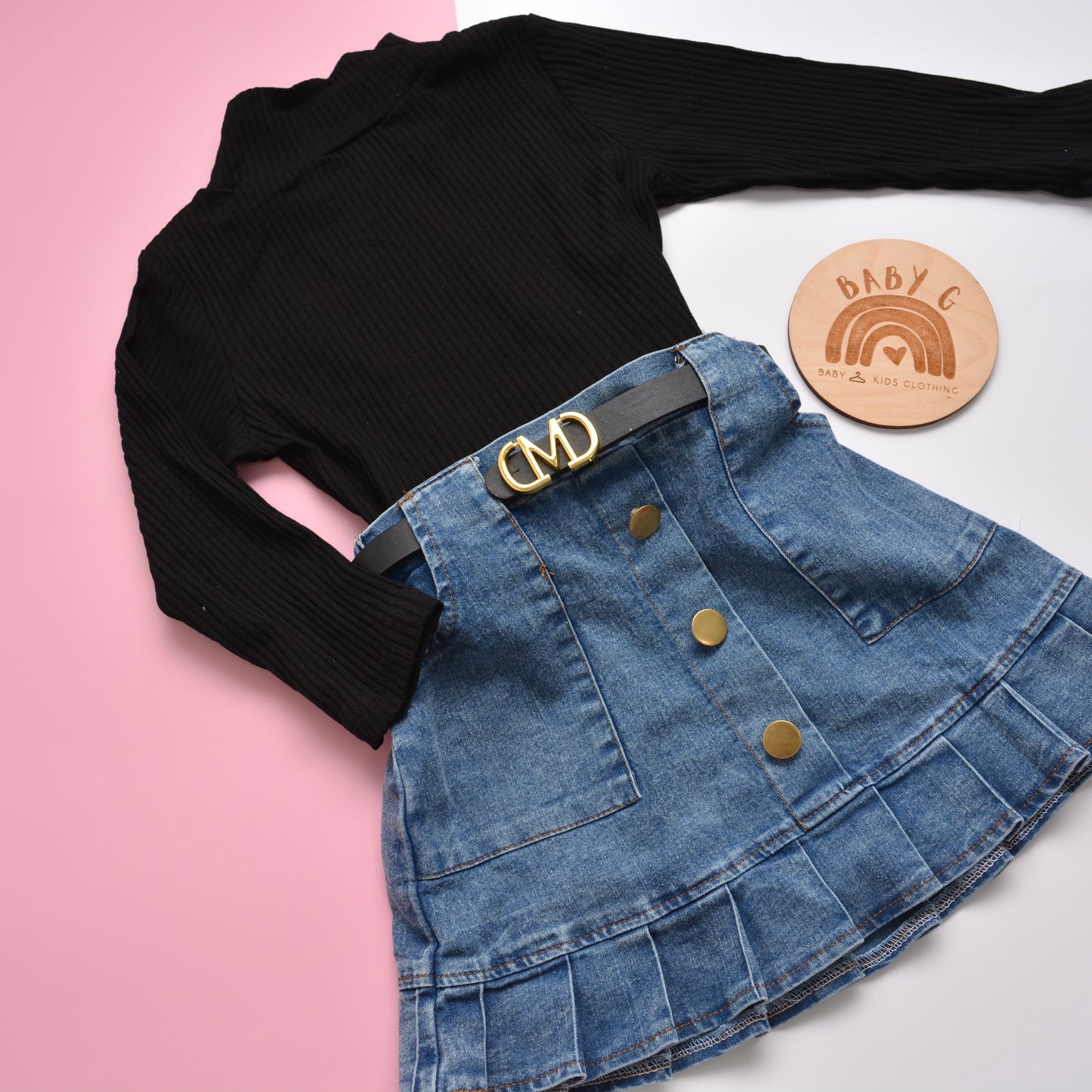 Longsleeve Black Top, Denim Skort & Belt